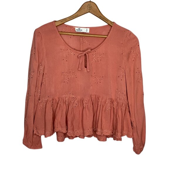 Hollister Small S Orange Eyelet Lace Embroidered Ruffle Peplum Babydoll Crop Top - Picture 1 of 4